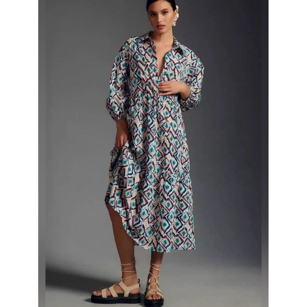 Maeve Anthropologie Tiered Midi Shirt Dress XS Petite Multicolor Geometric Boho